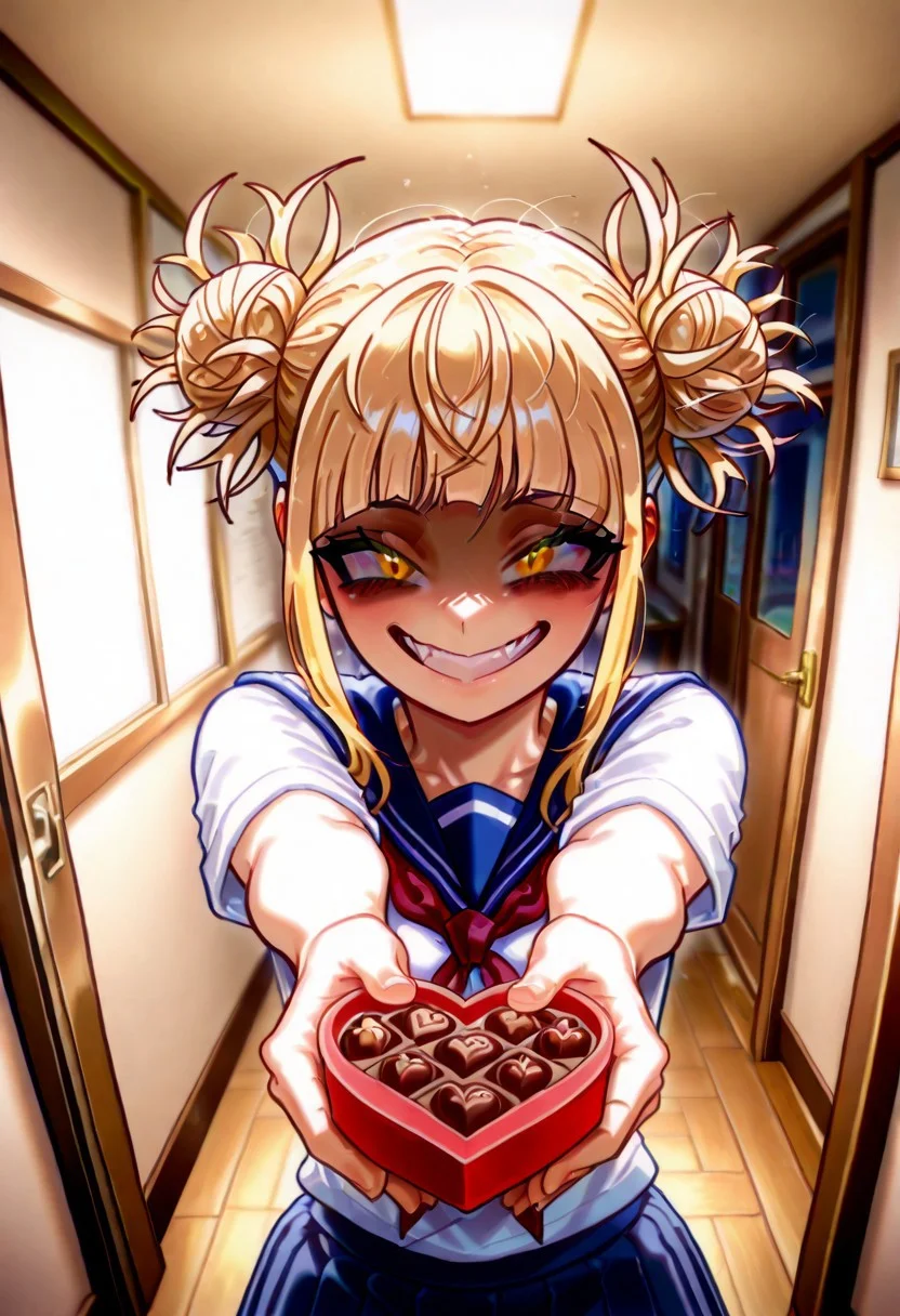 1girl,,toga_himiko_illust, blonde hair, hair bun, double bun, bangs, school uniform, yellow eyes, skirt, messy hair,valentine's day,(yandere,),looking at viewer,holding chocolate,standing,yandere smile,shaded face,<lora:illustrious_noobai_epsilon_pred_11_very_aesthetic_v1:0.5>,<lora:ponyv5_noobV065S_1_adamW:0.5>,indoors,upper body,outstretched arms,
masterpiece,best quality,amazing quality,very aesthetic,absurdres,(anime coloring:0.7),dutch angle,<lora:spo_sdxl_10ep_4k-data_lora_webui:1>,<lora:add-detail-xl:1>