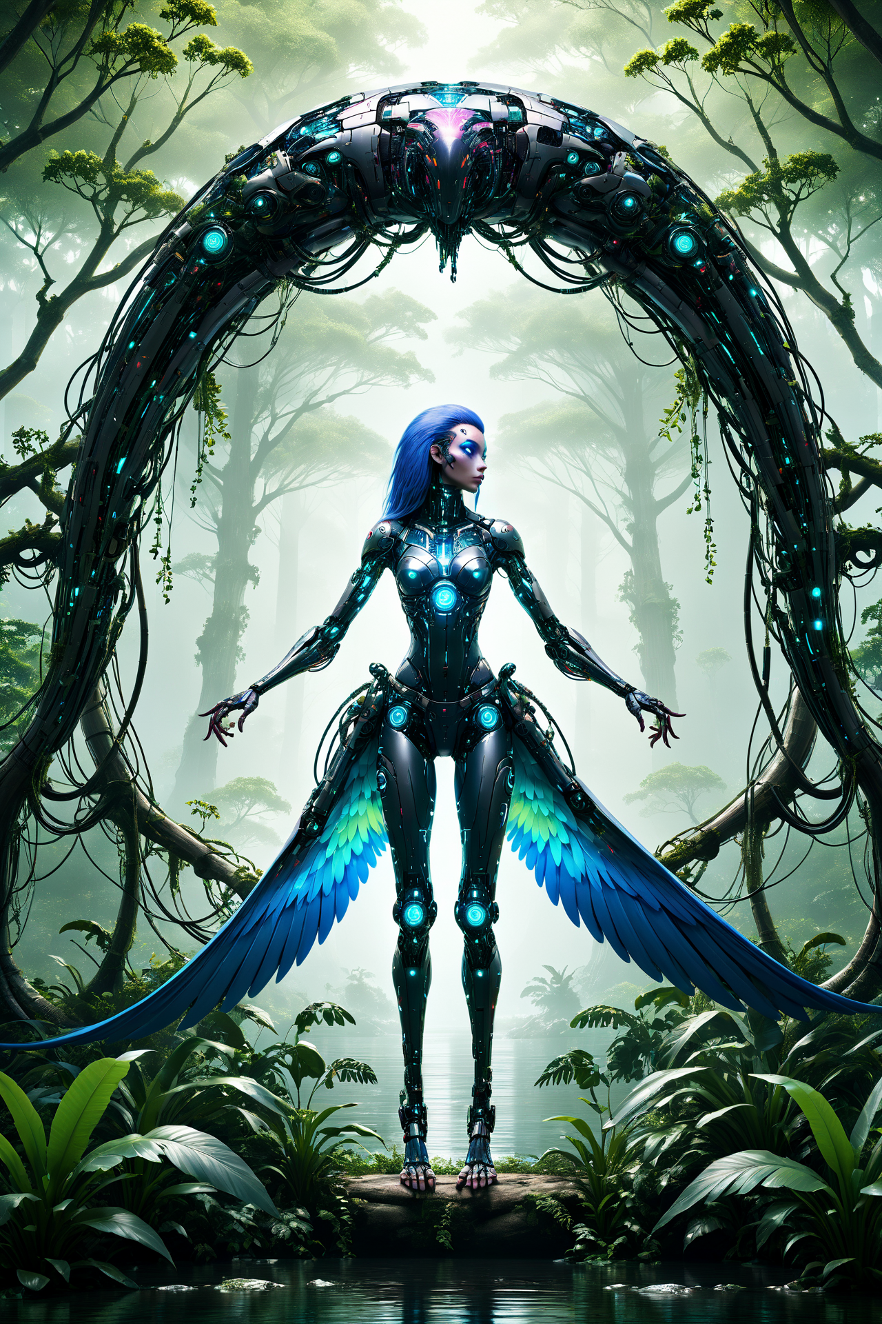 cyberanimals, Imagine a dense and colorful jungle scene, where the rich, lush greenery and  vibrant flowers in a myriad of hues. The overall ambiance of the image is somewhat dark, conveying the depth and mystery of the jungle. However, light rays pierce through the thick canopy above, creating dynamic beams that illuminate patches of the verdant underbrush and floral sea. Perched on a branch within this vivid setting is a cybernetic parrot, its design a stark contrast to the natural surroundings. The parrot's feathers are a striking blend of teal, magenta, and other vivid cyberpunk colors. Its eyes emit a soft, glowing light, adding an otherworldly element to the scene. This juxtaposition of the natural jungle environment with the futuristic, colorful cybernetic parrot creates a unique and visually striking image <lora:Neon_Cyberpunk_SDXL_Cyberanimals:1> ac_neg2 <lora:EnvyZoomSliderXL01:-1>, (masterpiece:1.2), best quality, (hyperdetailed, highest detailed:1.2), high resolution textures, <lora:EnvyBetterHiresFixXL01:1>