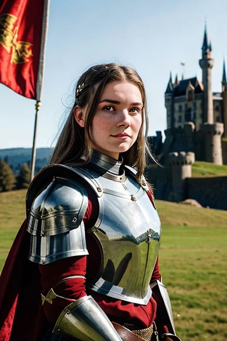 An up angle photo portrait of a 25-year-old woman, (medieval armor), metal reflections, outdoors, contrasting side sunlight, far away castle, eye contact, bokeh, blurry background, crest on chest, (a red banner), (skin blemishes and freckles:0.6)