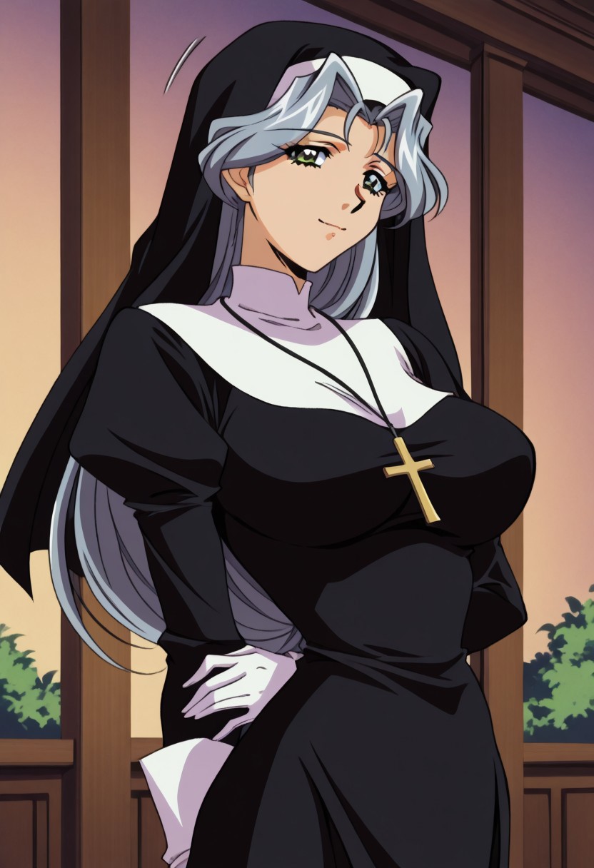 masterpiece, best quality, newest, highres, uncensored, 1girl, yokota mamoru style,slender face,motion lines,1990s (style)
Kate Andou,Grey Hair, Waist Length Hair,long Hair, Wavy Hair,Green Eyes,Big Breast, Slim,Cross Necklace, nun,Guimpe, Habit,white gloves,full covered neck,
nun dress, arm behind back, looking at viewer,outdoors, small village,