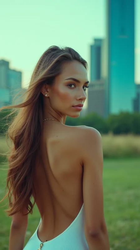photograph, a beautiful ad with Tapered lines and flowing details is presented by a Charming model with Obscene Magenta eyes. The background of the scene is a full color green over the shoulder shot, with a towering skyscraper in the distance. The ad's hair is blowing in the wind, Sony A7, 50mm, aidmaRealisticPeoplePhotograph