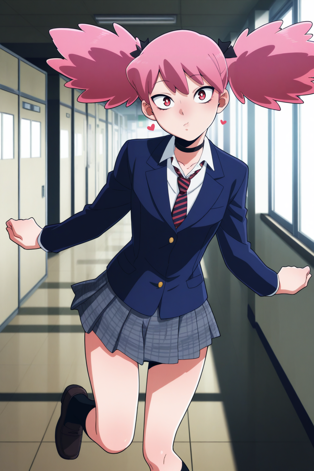 masterpiece, best quality, amazing quality, very aesthetic, absurdres, ultra detailed,
 <lora:il_contrast_slider_d1 (Ð¦ÐÐÐ¢ ÐÐÐ Ð¢ÐÐÐÐ):-0.8>
<lora:Kazuho Haneyama:0.8> kazuho_haneyama, 1girl,
solo, choker,gray skirt,black socks,plaid skirt,striped necktie,white shirt,red necktie,pleated skirt,loafers,black choker,blue jacket, \ndetailed eyes, \nblowing kiss, looking at viewer, heart, tilt head,\ndetailed background, schools corridor, dynamic shot,