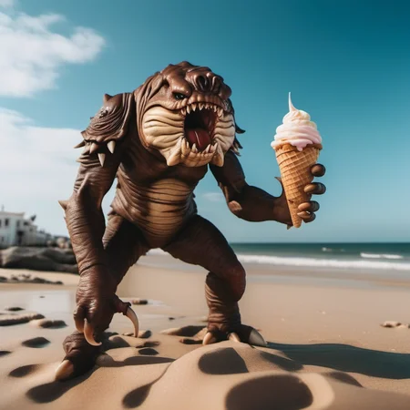 cinematic photo a full body portrait monster, claws, sharp teeth, icecream, on the beach <lora:Rancor1024:0.8> . 35mm photograph, film, bokeh, professional, 4k, highly detailed