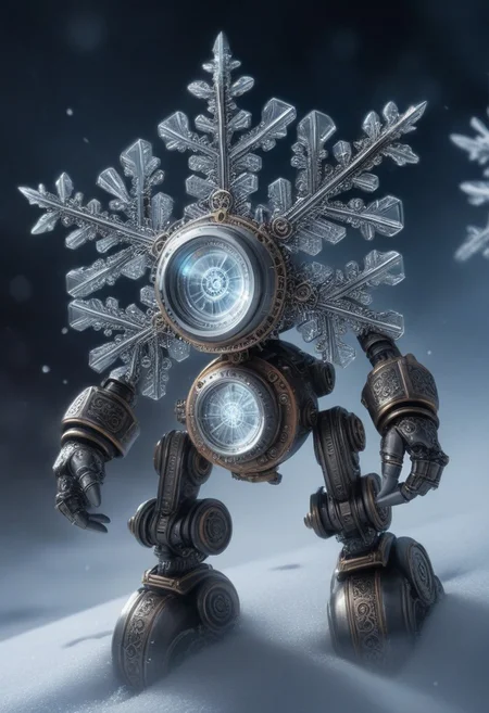 A steampunk-inspired robot with a metallic, reflective surface, a glowing lens for an eye zoomed in on a snowflake resting on its polished fingertip, the snowflake intricately detailed with sharp crystalline edges, steam rising softly in the cold air, industrial background in soft focus.