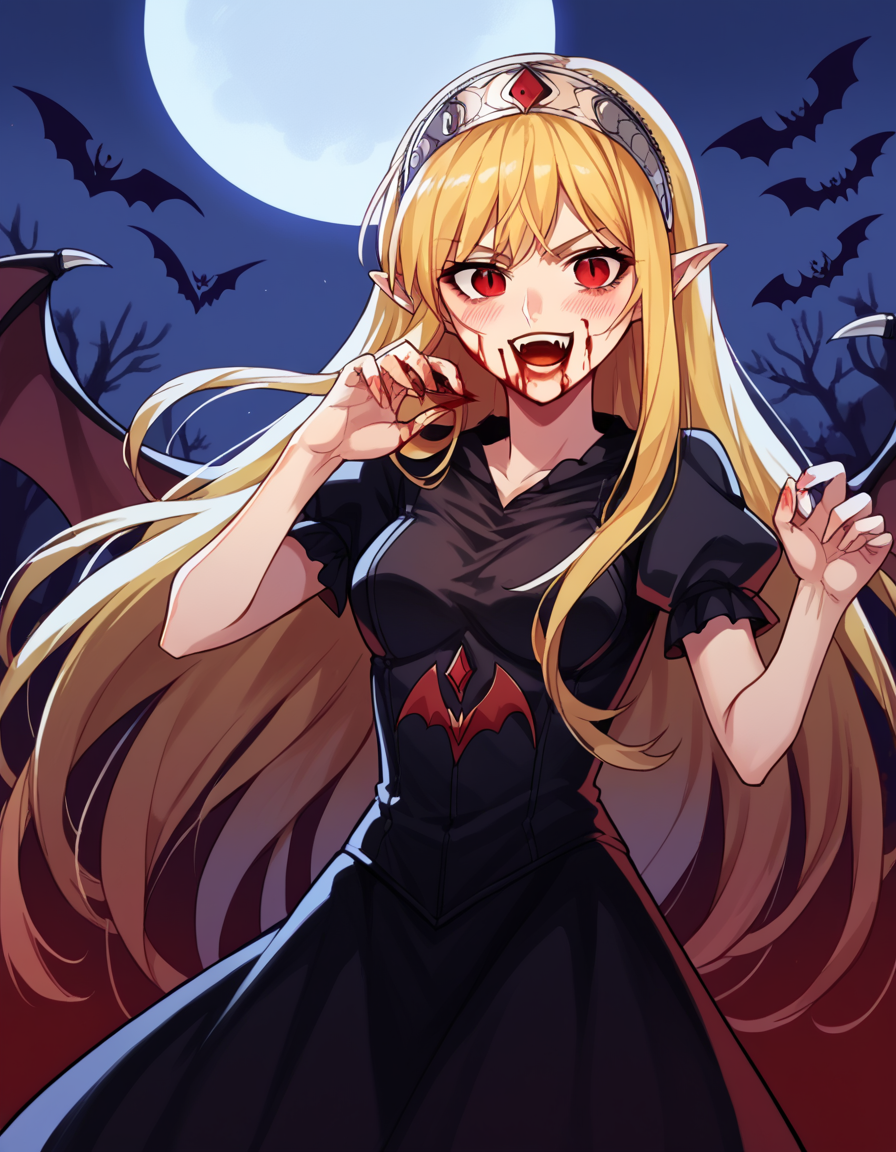 score_9, score_8_up, score_7_up, source_anime, <lora:kaibutsuoujo-liliane-s1-ponyxl-lora-nochekaiser:1>, liliane, long hair, blonde hair, red eyes, very long hair, tiara, medium breasts,, <lora:vampire-ponyxl-lora-nochekaiser:1>, vampire, red eyes, pointy ears, fangs, black dress, wings, blood, blood on face, blood on mouth, bat (animal), halloween, halloween costume, upper teeth only, night, moon, blush, smile, open mouth, , dutch angle, cowboy shot