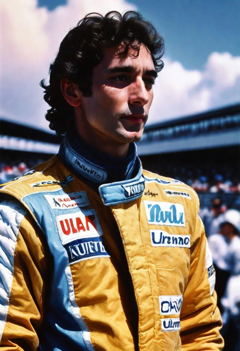 create a realistic, high quality portrait image of 1980s, Ayrton Senna, head and shoulders, Grand Prix,racing driver, racetrack,outdoors,sky blue,day, facing viewer cloud, blue sky,_p_style, car Williams formula 1,barriers, <lora:VintagePPXL:1>, (masterpiece, best quality, ultra-detailed, best shadow), high contrast, (best illumination), ((cinematic light)), colourful, hyper detail, dramatic light, intricate details, ultra detailed artistic photography, lit from front ultra high definition, 8k, ultra sharp focus, ultra high quality, soft lighting, film photography, analogue photography, hyperrealism, no racing cars