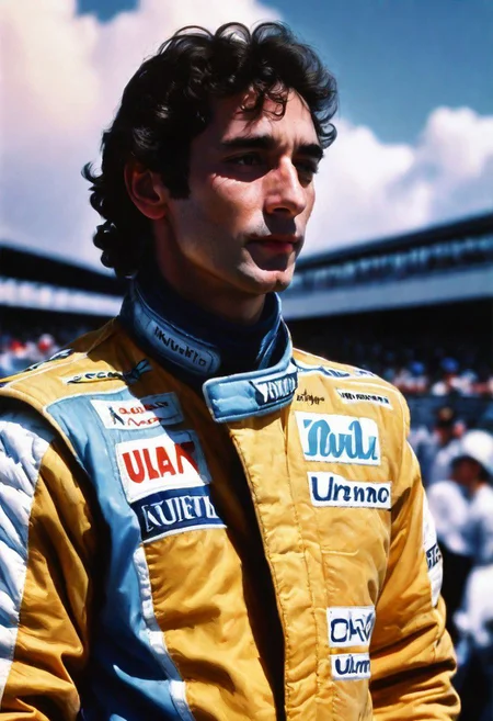 create a realistic, high quality portrait image of 1980s, Ayrton Senna, head and shoulders, Grand Prix,racing driver, racetrack,outdoors,sky blue,day, facing viewer cloud, blue sky,_p_style, car Williams formula 1,barriers, <lora:VintagePPXL:1>, (masterpiece, best quality, ultra-detailed, best shadow), high contrast, (best illumination), ((cinematic light)), colourful, hyper detail, dramatic light, intricate details, ultra detailed artistic photography, lit from front ultra high definition, 8k, ultra sharp focus, ultra high quality, soft lighting, film photography, analogue photography, hyperrealism, no racing cars