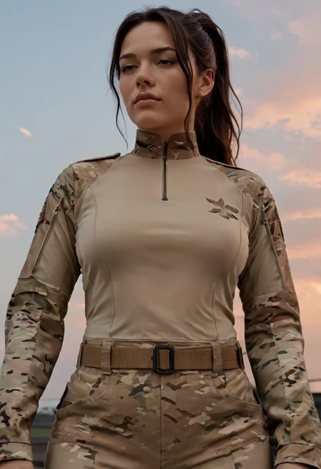 score_9, score_8_up, score_7_up, score_6_up, score_5_up, detailed, female, (20 yr old), petite, (brown hair), expressiveh, (high ponytail), beautiful hair, brown eyes, big breasts, g4multicamuniform, see_through top from below, dominant, light blue sky, orange clouds, jet formation at the sky, <lora:t0sh14XLP:0.7> <lora:G4MulticamUniform:0.7>