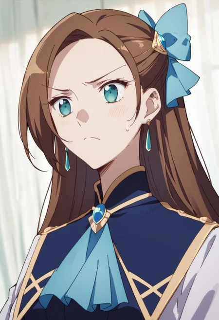 score_9, score_8_up, score_7_up, source_anime, katarina claes, brown hair, blue eyes, long hair, 1girl, jewelry, earrings, solo, frown, bow, hair bow, sweatdrop, ascot, high collar, blue ascot, brooch