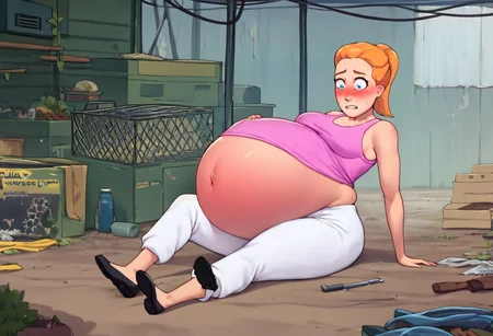 score_9, score_8_up, score_7_up 1girl, solo, summer smith, orange hair, 1girl, ponytail, solo, pink tank top, white pants, black footwear, garage background, sitting on her knees, looking down, rubbing her belly, scared expression, blush, big belly, huge belly, massive belly, round belly, growing belly