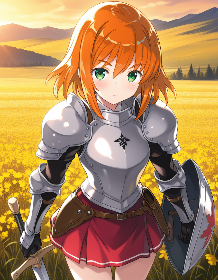 (mutsumi masato), <lora:1_illu_mutsumi_11e:1>, 1girl, armor, sword and shield, skirt, freckles, orange hair, medium hair, green eyes, field, mountains, (masterpiece, best quality, amazing quality),