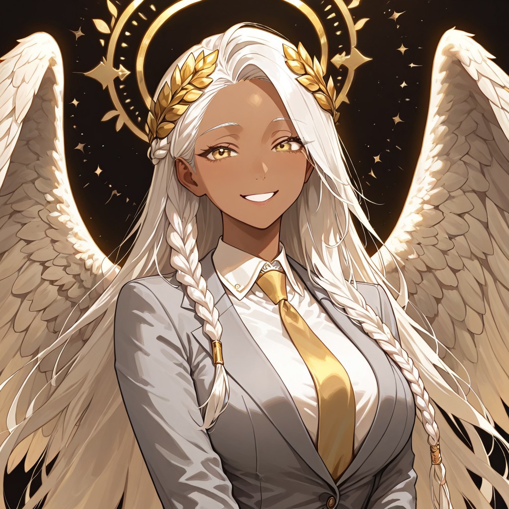 masterpiece, best quality, newest, absurdres, highres, 
HFMV1.0, 1girl, dark skin, dark-skinned female, grey suit, suit official attire, official clothes, nectie, yellow necktie, white hair, long hair, braid, single braid, angel, angel girl, halo, wings, angel wings, smile, happy, open eyes, golden eyes, laurel crown,