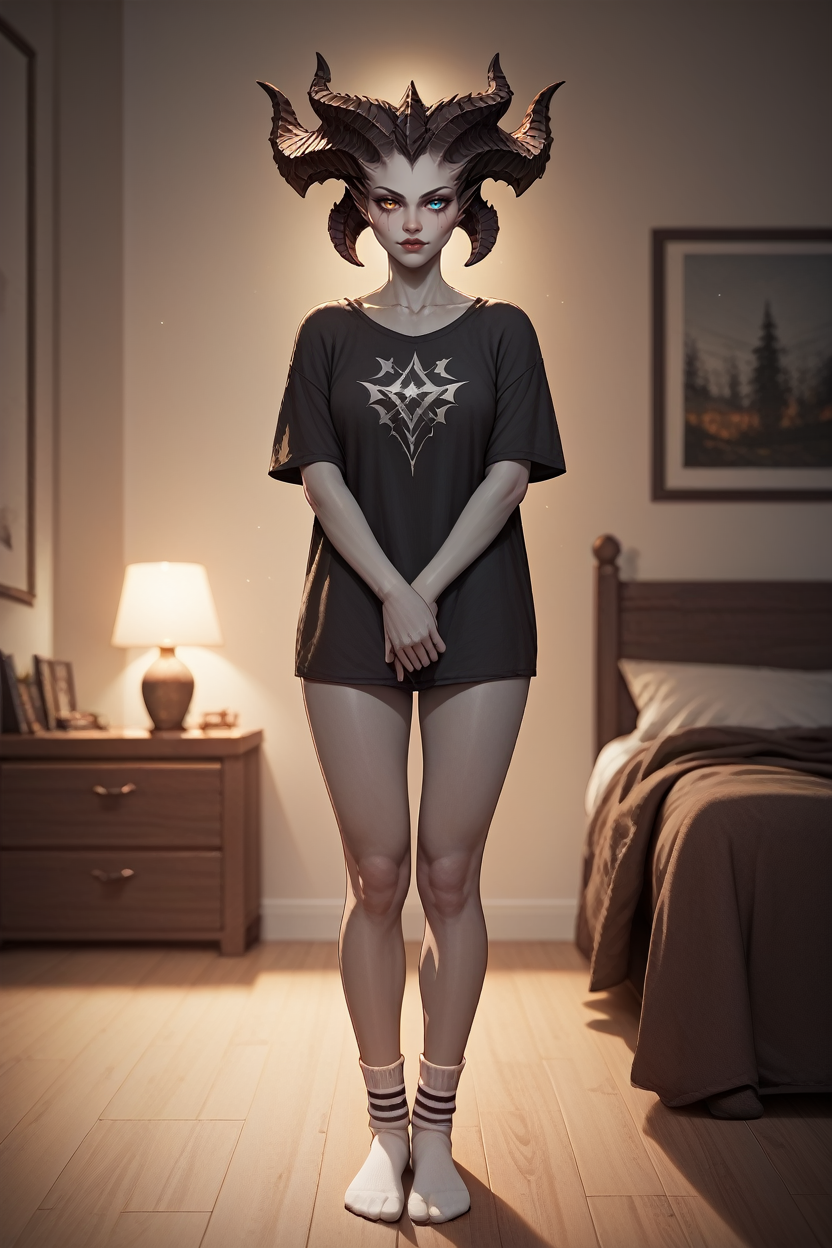 score_9, score_8_up, score_7_up, score_6_up
 <lora:D4Lilith:0.8>
D4Lilith, demon horns, heterochromia, gray skin, looking at viewer, full body, bedroom, socks, soft lighting, warm lighting