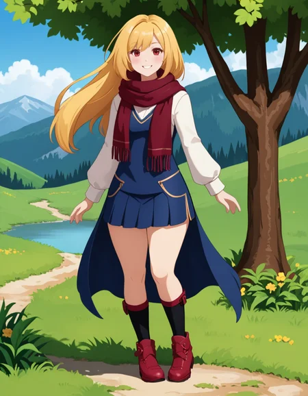 OneStepFromEdenStyle, 1girl, wide_hips, blush}, solo, outdoors, [Maroon] scarf, [Scarlet] eyes, [yellow] hair, smile, full_body, high_fantasy, dark_blue footwear
 <lora:OneStepFromEdenStyle_Illustrious:1>