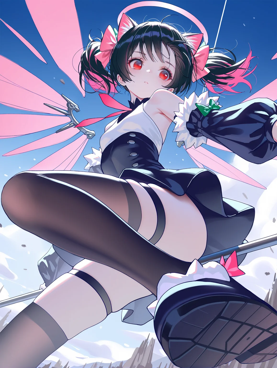 (artist:ningen_mame:0.9),(artist:sho_(sho_lwlw):0.9),(artist:rhasta:0.9),(artist:wlop:0.7),(artist:ke-ta:0.6),(fkey:0.5),(fuzichoco:0.6),artist:chen bin,(artist:hyouuma:0.8),/ (illustration),extremely detailed,CG,unity,8k wallpaper,(sketch),
masterpiece,best quality,amazing quality,
<lora:rokudu_sariel_ZZZ:0.8>,medium hair,twintails,multicolored hair,black hair,pink hair,red eyes,halo,pink bow,green bow,hair bow,short dress,necktie,detached sleeves,fur trim,thighhighs,mechanical wings,thigh strap,
copics,
<lora:DynamicPoseIL2att_alpha1.0_rank4_noxattn_900steps:0.7>,dynamic pose,foreshortening,extreme perspective,