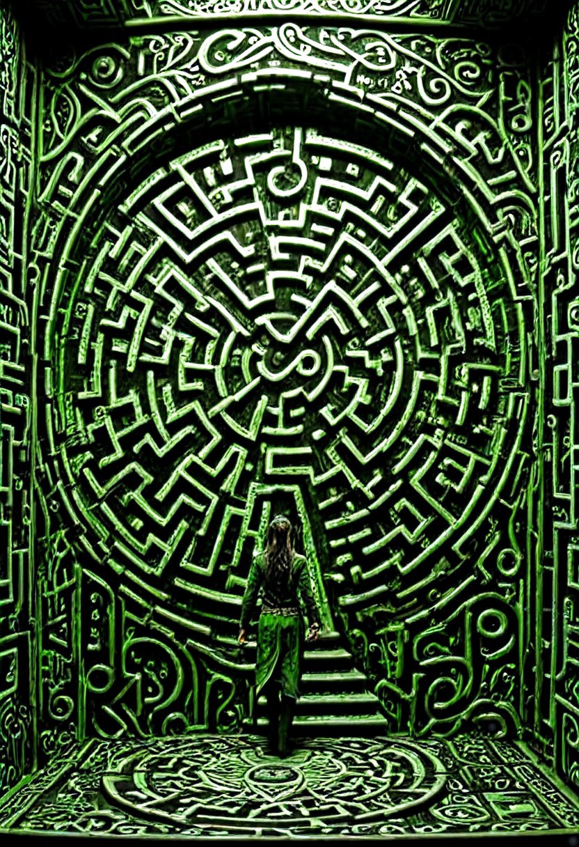 a 3 dimentional maze with stairs and  doorways pcb_style maze style, many sigils on the wall, an elven hunter is facing the enigma, high fantasy, lost in time, uncertainty, fundamental incomprehensibility of existence, metaphysical art, masterpiece, best quality