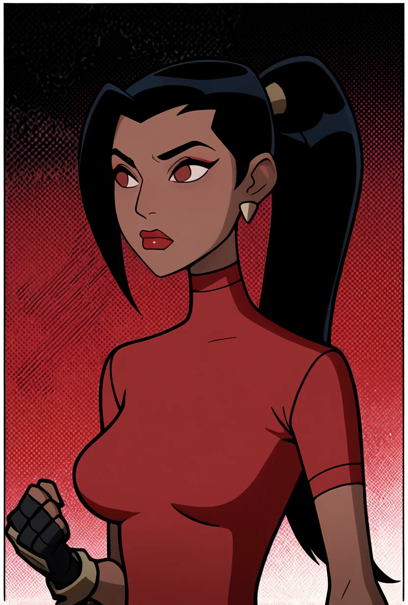 <lora:ovkai-10:1> ovkai, 1girl, long hair, black hair, dark skin, ponytail, earrings, lipstick, red shirt, short sleeves, turtleneck, fingerless gloves, cartoon, masterpiece, best quality, amazing quality, very aesthetic, absurdres, newest,, upper body, halftone effect, white borders, abstract background:1.2,