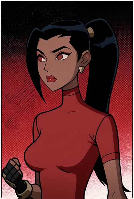 <lora:ovkai-10:1> ovkai, 1girl, long hair, black hair, dark skin, ponytail, earrings, lipstick, red shirt, short sleeves, turtleneck, fingerless gloves, cartoon, masterpiece, best quality, amazing quality, very aesthetic, absurdres, newest,, upper body, halftone effect, white borders, abstract background:1.2,