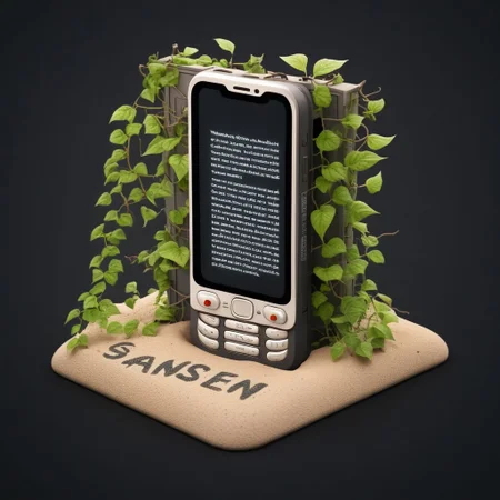 isztoksk, 3d render of a mobile phone lost to the sands of time, poison ivy, vines, post apocalyptic, black background, no humans, english text, simple background, 3d, miniature, isometric, game design, octane render, masterpiece, best quality