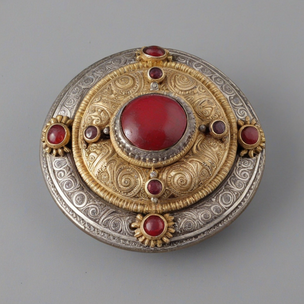 ornate gold and silver brooch with red stones and (boar:1.5) motif <lora:XL_Anglo-Saxon_Brooches_XL:1.2>