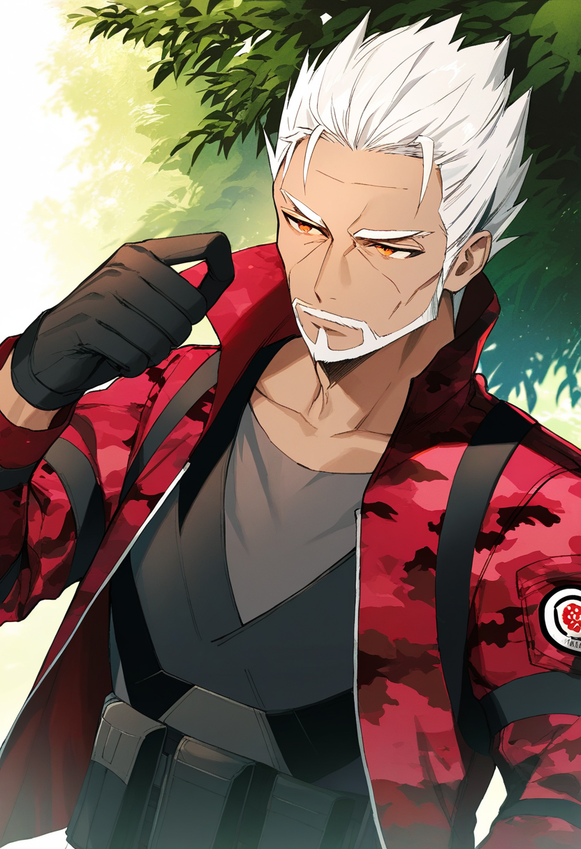 artist:gomzi,artist:wanke,artist:diyokama, rei_(sanbonzakura),[[artist:fuzichoco]],year 2024, park, 1boy, solo,
dratton bergman, white hair, orange eyes, short hair, beard, dark skin, old man, grey shirt, tactical clothes, red jacket, camouflage jacket, x-shaped vest, black gloves,
upper body,
<lora:ntmf_majorcharacters.ilxl.v02:0.8>