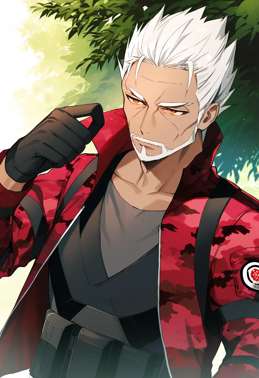 artist:gomzi,artist:wanke,artist:diyokama, rei_(sanbonzakura),[[artist:fuzichoco]],year 2024, park, 1boy, solo,
dratton bergman, white hair, orange eyes, short hair, beard, dark skin, old man, grey shirt, tactical clothes, red jacket, camouflage jacket, x-shaped vest, black gloves,
upper body,
<lora:ntmf_majorcharacters.ilxl.v02:0.8>