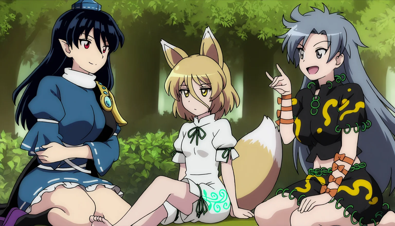 masterpiece,best quality,<lora:tgm-noob05:1>,anime coloring,
himemushi momoyo,iizunamaru megumu,kudamaki tsukasa,multiple girls,animal ears,fox ears,3girls,tail,pointy ears,barefoot,fox tail,purple footwear,hat,romper,blonde hair,tokin hat,red eyes,long hair,yellow eyes,dress,sitting,grey hair,socks,feet,blue hair,ribbon,breasts,tengu-geta,blue dress,smile,short hair,geta,hair between eyes,open mouth,ribbon trim,black socks,grey eyes,kneehighs,short sleeves,gem,pom pom (clothes),fox girl,outdoors,green ribbon,toes,blue headwear,large breasts,sleeveless coat,looking at another,nature,shoes,soles,fox shadow puppet,blue eyes,