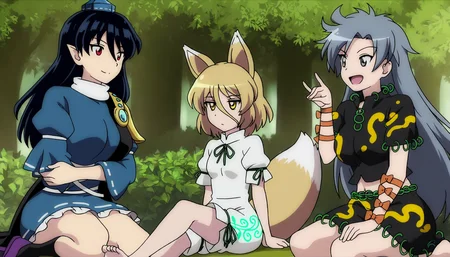 masterpiece,best quality,<lora:tgm-noob05:1>,anime coloring,
himemushi momoyo,iizunamaru megumu,kudamaki tsukasa,multiple girls,animal ears,fox ears,3girls,tail,pointy ears,barefoot,fox tail,purple footwear,hat,romper,blonde hair,tokin hat,red eyes,long hair,yellow eyes,dress,sitting,grey hair,socks,feet,blue hair,ribbon,breasts,tengu-geta,blue dress,smile,short hair,geta,hair between eyes,open mouth,ribbon trim,black socks,grey eyes,kneehighs,short sleeves,gem,pom pom (clothes),fox girl,outdoors,green ribbon,toes,blue headwear,large breasts,sleeveless coat,looking at another,nature,shoes,soles,fox shadow puppet,blue eyes,