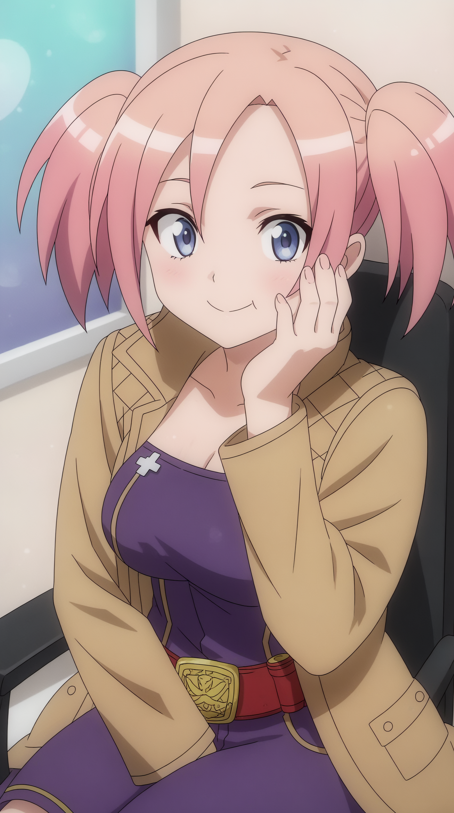 score_9, score_8_up, score_7_up,anime_source, source_anime, best background, detailed background, anime screencap, 4k, upscale,  Oriha Nashida, Main Outfit, solo, smile, sitting, indoors, chair, han on cheek,  <lora:JN_Oriha_Nashida_Pony:0.8>
