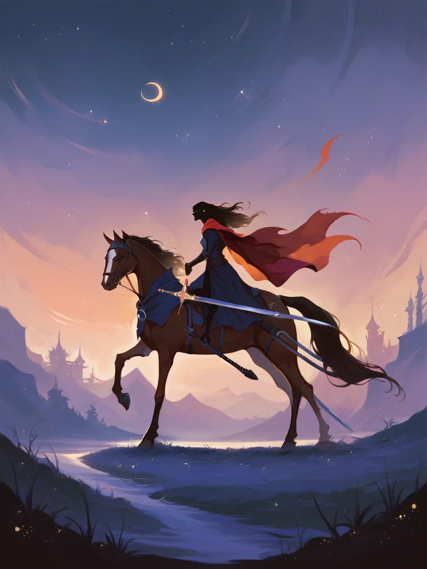 score_9, score_8_up, score_7_up, score_6_up, score_5_up, <lora:watXLP:0.7> wat, weapon, sword, crescent moon, riding, solo, cape, long hair, starry sky, 1girl, horse, outdoors