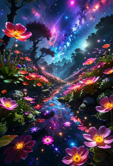 Ghibli Style, Best Quality, High Resolution, 8k Very Beautiful, Mesmerizing Milky Way Dazzling Starry Sky, Choreography, Vibrant Godrej Realistic Effects, Super Detailed Vibrant Glowing Anemone Petals, Glowing Leaves , a psychedelic fairy garden inspired by playful fireflies swaying through the beautifully finished scenes