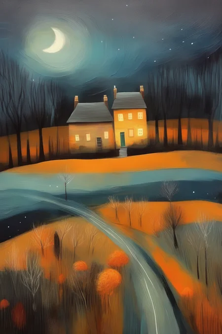 <lora:Tracie Grimwood Style:1>Tracie Grimwood Style - oil painting, brush strokes, night in the countryside