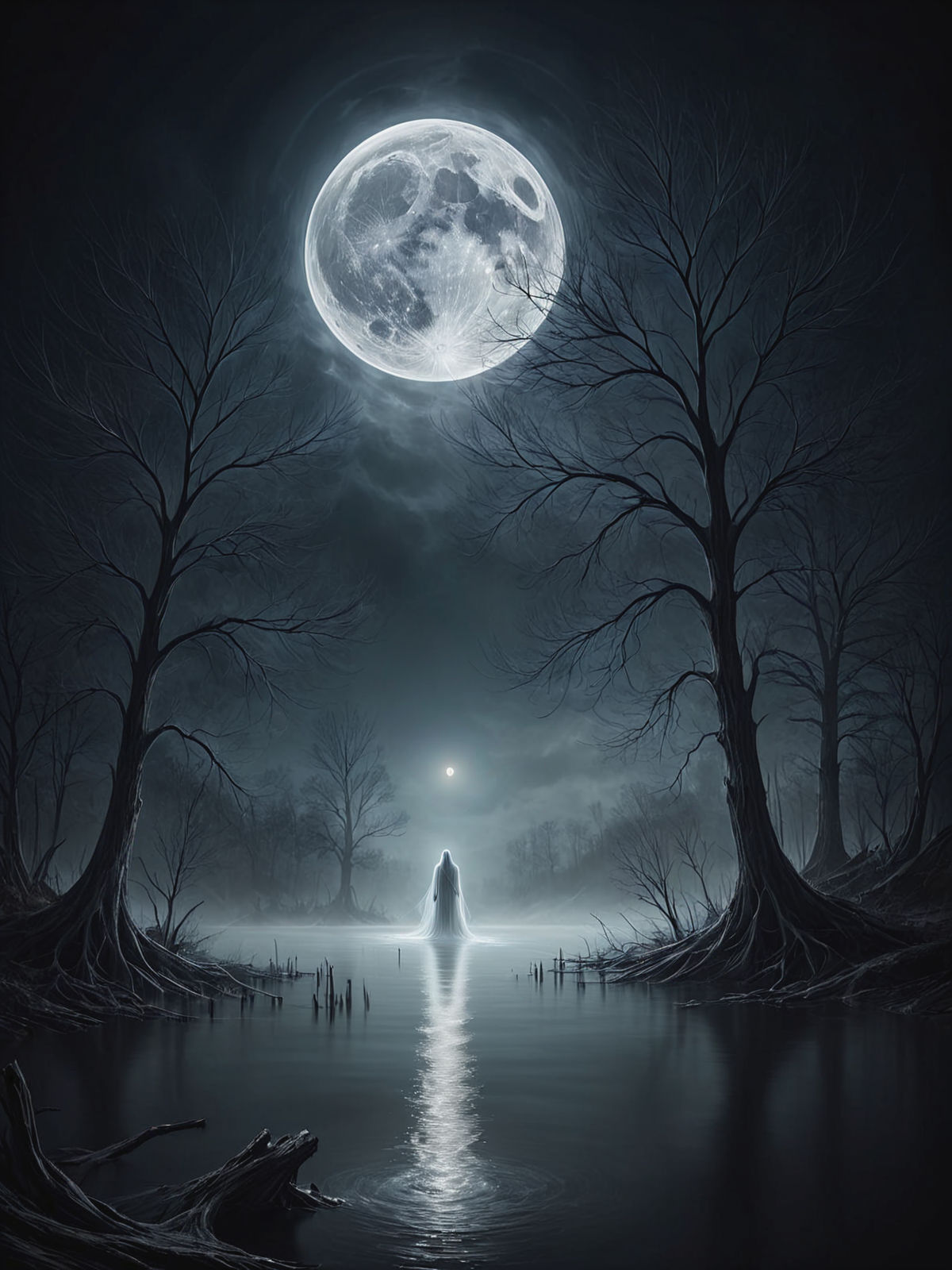 Create an image of a (mysterious ghostly figure made of mad-wsps:1.2) floating above an eerie lake scene under the moonshine. The ghost should have a translucent, ethereal appearance with faintly glowing edges. The lake should be calm, with dark, reflective water that captures the moon's glow. Surrounding the lake, there should be dense, shadowy trees partially shrouded in mist.  The sky is clouded, allowing the moon to cast an eerie light through gaps in the clouds, adding to the ghostly ambiance. Overall, the scene should feel chilling and otherworldly, with a haunting, mysterious atmosphere <lora:Elemental_Wisps_SDXL:0.7>, (masterpiece:1.2), best quality, (hyperdetailed, highest detailed:1.2), high resolution textures