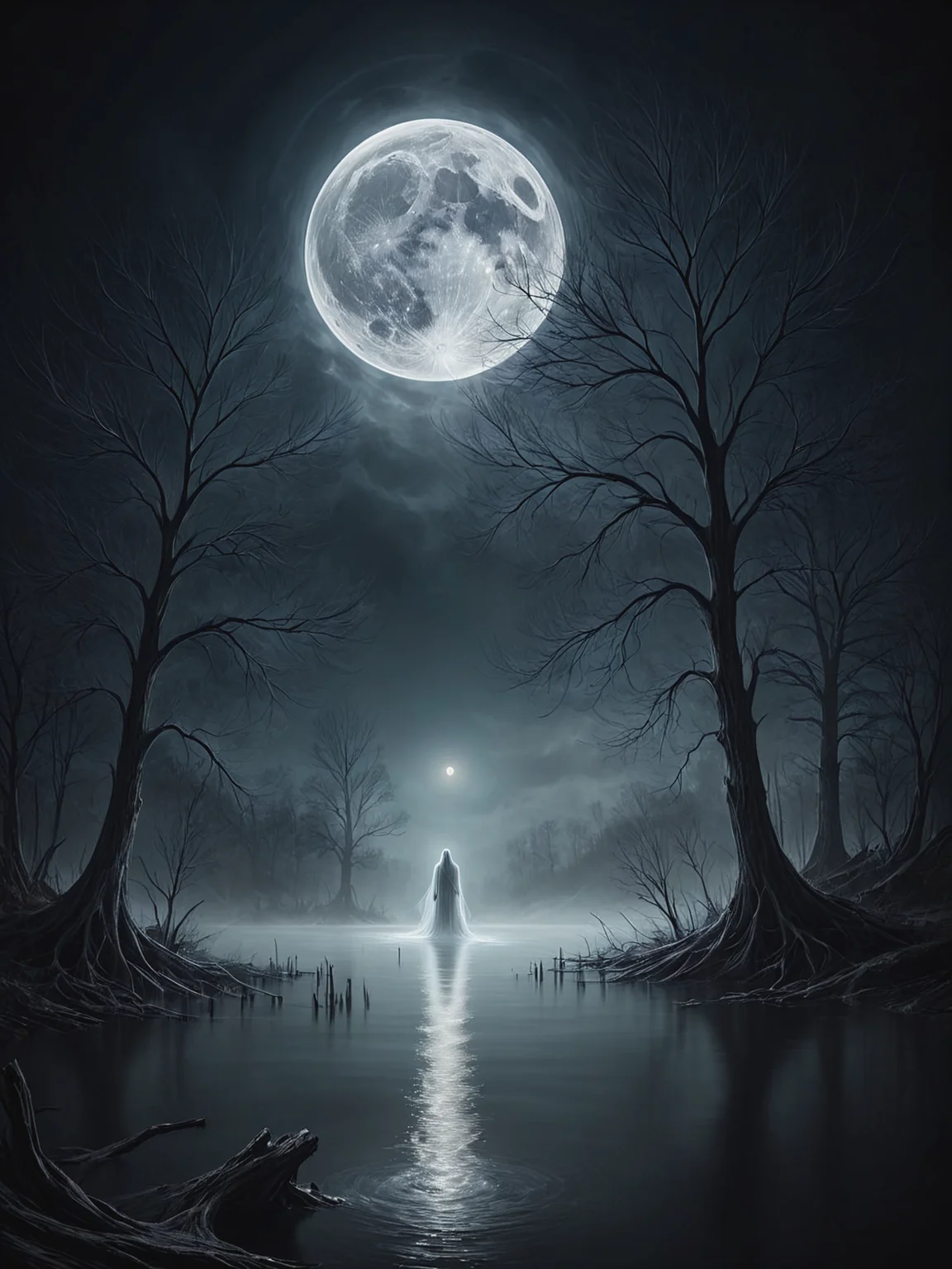 Create an image of a (mysterious ghostly figure made of mad-wsps:1.2) floating above an eerie lake scene under the moonshine. The ghost should have a translucent, ethereal appearance with faintly glowing edges. The lake should be calm, with dark, reflective water that captures the moon's glow. Surrounding the lake, there should be dense, shadowy trees partially shrouded in mist. The sky is clouded, allowing the moon to cast an eerie light through gaps in the clouds, adding to the ghostly ambiance. Overall, the scene should feel chilling and otherworldly, with a haunting, mysterious atmosphere <lora:Elemental_Wisps_SDXL:0.7>, (masterpiece:1.2), best quality, (hyperdetailed, highest detailed:1.2), high resolution textures