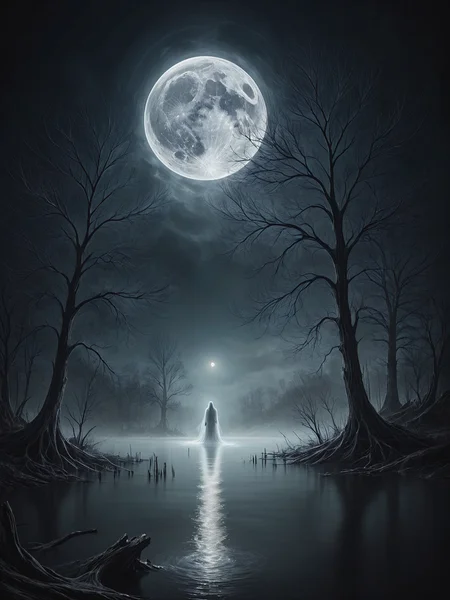 Create an image of a (mysterious ghostly figure made of mad-wsps:1.2) floating above an eerie lake scene under the moonshine. The ghost should have a translucent, ethereal appearance with faintly glowing edges. The lake should be calm, with dark, reflective water that captures the moon's glow. Surrounding the lake, there should be dense, shadowy trees partially shrouded in mist. The sky is clouded, allowing the moon to cast an eerie light through gaps in the clouds, adding to the ghostly ambiance. Overall, the scene should feel chilling and otherworldly, with a haunting, mysterious atmosphere <lora:Elemental_Wisps_SDXL:0.7>, (masterpiece:1.2), best quality, (hyperdetailed, highest detailed:1.2), high resolution textures