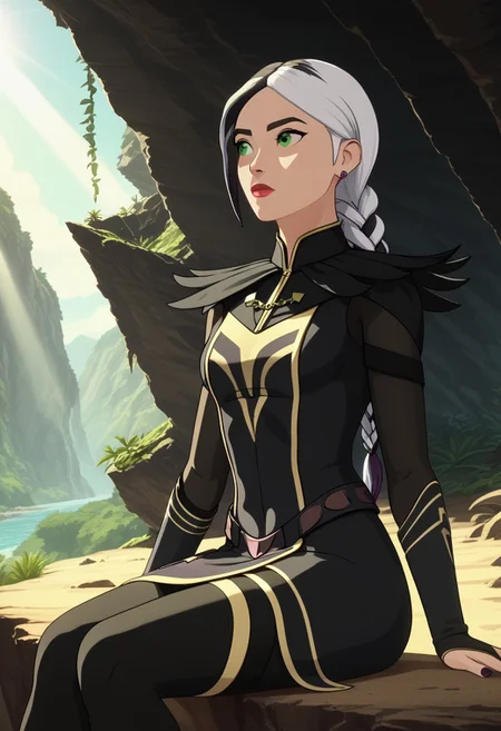 Score_9, Score_8, Score_7, TDPStyle, Claudia, Black and White Hair, Braided, Black Mage Outfit, Green Eyes, Lipstick, sitting in a cave, looking into the distance, with sunlight filtering through the windows, 1girl,