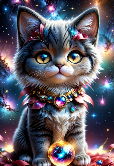 ((videogame_style))), (sharp focus:1.2), lineart, flat color, monochrome, greyscale, depth of field, bokeh, 8k, OLED, 1 baby cat, being playful, wearing ribbon choker in different colours, different fur, super cute,, The cat raises its paws towards the viewer, in the galaxy, space cat flying in the stars,lluminated by the ethereal glow of cosmic lightning, the light is reflecting shadows on the cute animal, for the viewer, it appears alive, as if a glimpse of its inner sparkle is possible, star sky, peacful and grateful atmosphere, painted hearts, magical atmosphere, close up, (((cuteness overload))), <lora:detailed_notrigger:0.9>, zhibi <lora:zhibi:0.8>, <lora:tweak-detail-xl:0.7> <lora:Jed-Cosmos-sdxl:0.7> Jed-Cosmos