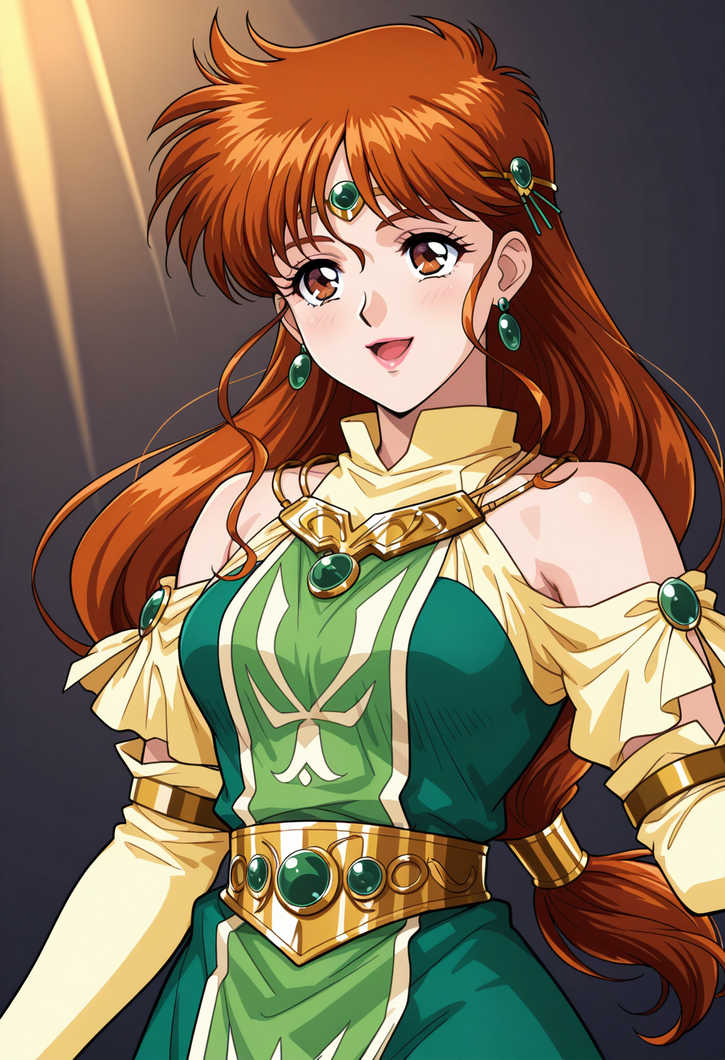 masterpiece, best quality, very aesthetic, absurdres, 1girl, solo, 1990s \(style\), official style,
<lora:srw_monica_v01:0.9>, srw_monica, brown hair, long hair, low-tied long hair, brown eyes, lipstick,
circlet, earrings, jewelry, necklace, green dress, detached sleeves, yellow gloves, belt, light blush, smile, open mouth, posing