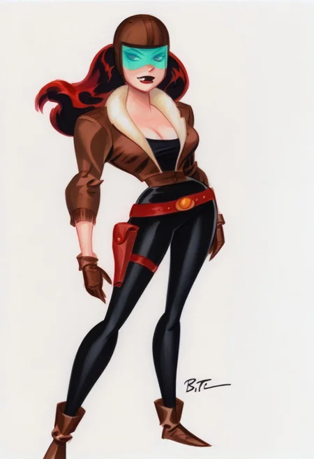 score_10_up, score_9_up, score_8_up, score_7_up, score_10, score_9, score_8, score_7
RS0TXTANE, 1girl, solo, dark red hair, long hair, brown aviator cap, turquoise-tinted goggles, dark red lipstick, brown aviator jacket with white fur collar, jacket, black tank top, black pants, belt, holster, brown gloves, brown boots.
brown eyes, perfect eyes, detailed eyes, makeup, beautiful face, pretty.
BREAK
narrow waist, wide hips, toned, fit, flat stomach, hourglass figure, cleavage, large breasts
BREAK
Masterpiece, ultra, extreme detailed, highest detailed, 8k, highres, traditional media, painting