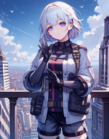 <lora:RPK-16_Girls_Frontline:1> white hair, short hair, bangs, purple eyes, rpk16, gray jacket, black gloves black shorts, black thighhighs, boots, pouches, city setting, blue sky, clouds, solo <lora:Eyes_High_Definition:1> eyeshd, high gradient eyes, detailed eyes, high definition eyes, one hand waving at camera, detailed eyes, detailed face, detailed hands, <lora:detailed_notrigger:1>, (masterpiece), (best quality), (ultra-detailed), (best illustration), detailed face, skin pores, detailed skin, detailed eyes, high quality eyes, good quality hands, high resolution, great anatomy, high quality, highres,, score_9, score_8_up, score_7_up, score_6_up, score_5_up,