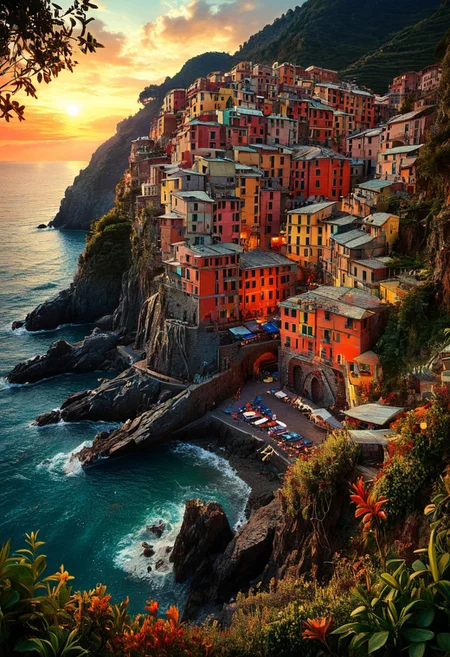 Create a photorealistic image of the Riomaggiore coastal village (Cinque Terre), a rich and complex image of nature, a vibrant tissue of hues and textures captured digitally, best quality, double exposure, realistic, captivating, fantastical, splash art, intricately detailed, hyper detailed, maximalist style, photorealistic, concept art, sharp focus, harmony, serenity, calm, mysterious glow, dynamic lighting, masterpiece, superb composition, finest details, highest aesthetics, strong muted highlighter of fantastical jungle, mystical glow, best quality, sharp focus, high contrast, stylized, clear, colorful, ultra quality, 8k, best quality, masterpiece,midjourneyv6.1