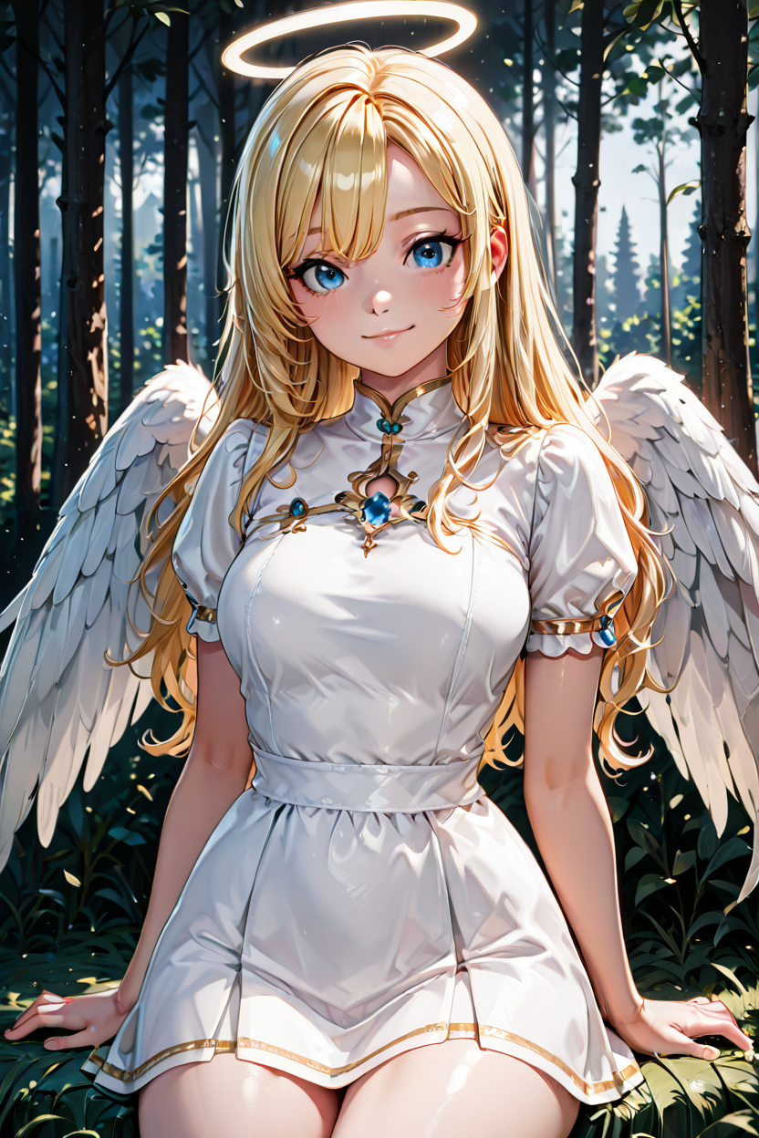 masterpiece, best quality, medium breasts, (curvy),  BREAK,  1girl, solo, blonde hair, wavy hair, angel, angel wings, halo, smile, sitting, forest, white dress, smile, looking at viewer, cowboy shot,   ,<lora:BeautifulCAT_IXL_v2:1.0>,