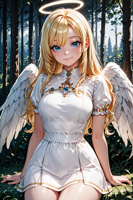 masterpiece, best quality, medium breasts, (curvy), BREAK, 1girl, solo, blonde hair, wavy hair, angel, angel wings, halo, smile, sitting, forest, white dress, smile, looking at viewer, cowboy shot, ,<lora:BeautifulCAT_IXL_v2:1.0>,