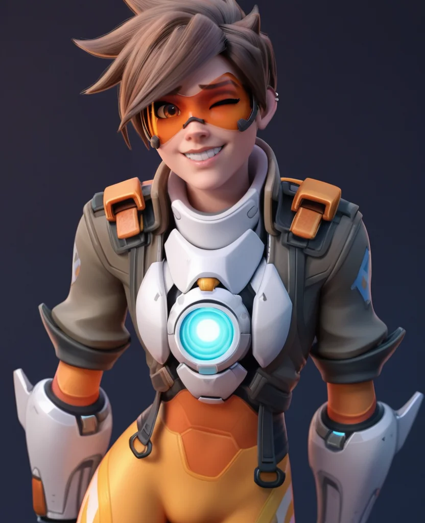 score_9, score_8_up, score_7_up, score_6_up, score_5_up, simple background, black background, realistic, <lora:Tracer_Overwatch_2_Default:0.8>, 1girl, solo, solo focus, tracow, vambraces, harness, bodysuit, jacket, gloves, goggles, brown hair, looking at viewer, smile, standing, arms behind back, leaning to the side, one eye closed, teeth,
