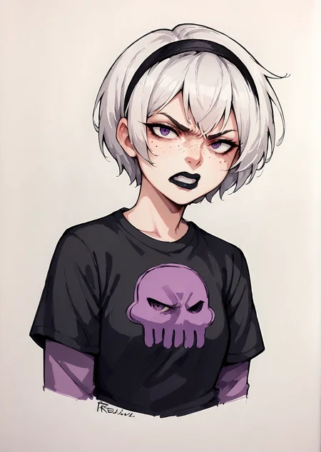 core_9, score_8_up, score_7_up, score_6_up, score_5_up, score_4_up, 1girl, white hair, black hairband, black lips, purple eyes, shirt print, <lora:Rose_Lalonde_-_outfits:0.8>, rosedress, shirt print, 1girl, solo, looking at viewer, short hair, shirt, upper body, hairband, teeth, traditional media, clenched teeth, t-shirt, angry, freckles, emotional, expressive, black dress, long sleeves, BREAK source_anime