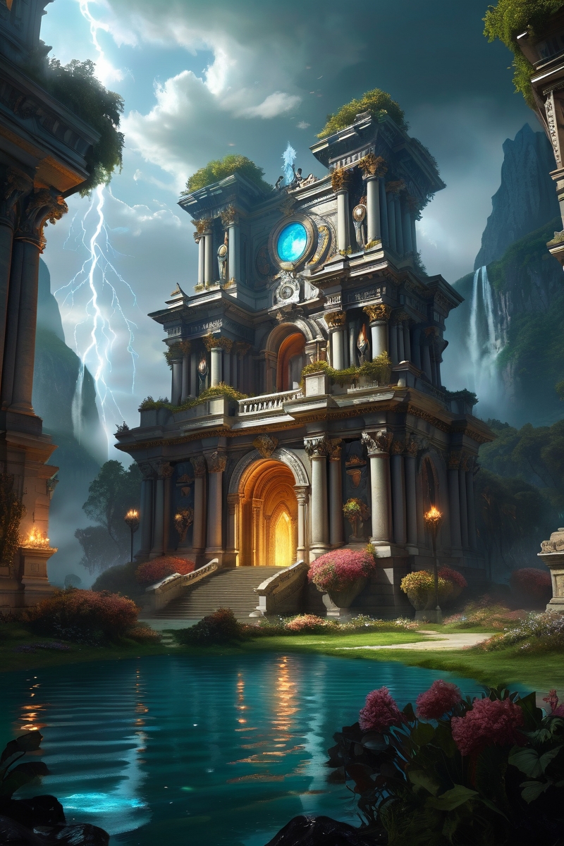 abandoned elf village in forest, stone fountain ,celestial coliseums carved from thunderclouds, where valkyries duel atop lightning steeds above arenas flooded with plasma rain, ocean,  night,weather foggy softly cinematic view, epic sky, detailed, concept art, medium angle, high detail, warm lighting, volumetric, godrays, vivid, beautiful, trending on artstation, by Keith Haring, huge scene, grass,flower, art greg rutkowski,
