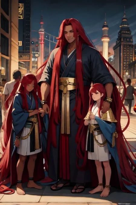 (masterpiece, best quality:1.5), (ultra realistic:1.5), (high detailed skin:1.1), 8k uhd, very high quality, (extremely detailed face:1.5), (muscular:1.5), (father and his identical triplet sons:1.5), (4boys:1.5), (insanely dark skin:1.5), (extremely dark-skinned Egyptian-Japanese man and 3 identical sons:1.5), (smile:1.5), (full body:1.5), (intricate golden bracelets and anklets:1.5), (barefoot:1.5), (amazingly bright blue eyes:1.5), (absurdly long ruby red hair:1.5), (super long ruby red hair:1.5), (city background:1.5)