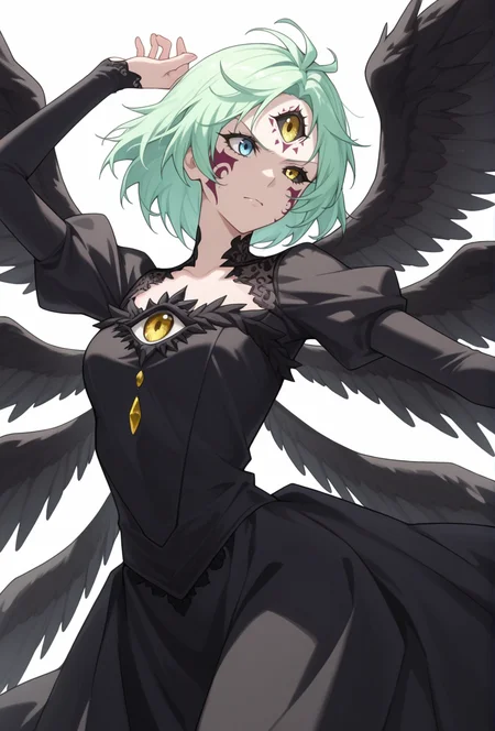Smooth Quality,masterpiece,very intricate, high quality details, ultra realistic, high detailed skin,detailed enviorement,absurdres,
simple background, white background,solo,angry,
dutch angle,dancing,
wince,
<lora:Mjurran_cnn:0.7> mjurrancnn, demjurrancnn,1girl, short hair, + long hair, green hair, yellow eyes, blue eyes, facial mark, colored sclera, black sclera, heterochromia, third eye, extra eyes,
black dress, floating, multiple wings, black wings,