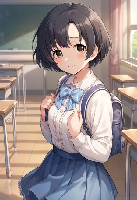 score_9, score_8_up, score_7_up, source_anime, shiragiku hotaru, short hair, black hair, brown eyes, 1girl, solo, bag, smile, backpack, bow, looking at viewer, blush, skirt, lamppost, classroom , frills