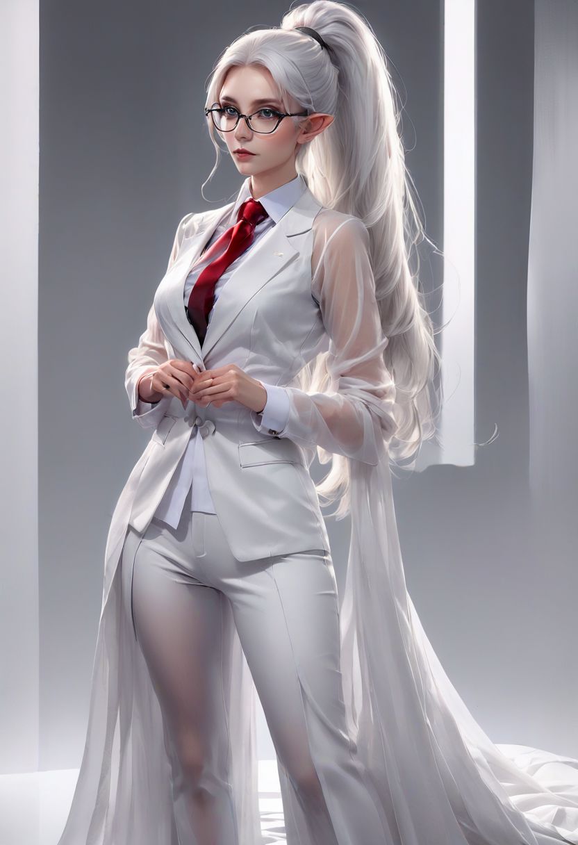 Full body Fantasy young tall elf woman, very long legs, medium breasts, saggy breasts, in an elegant white office jacket and pants, red necktie, very tight black silk gilet over a white see through linen shirt, braless, black thin glasses, sharp glare, fingers on glasses, very long white hair in a straight ponytail long under her buttocks.
Studio light, gray background.
Hyper realistic, HDR, 8K, Trending on Artstation, very detailed, sharp